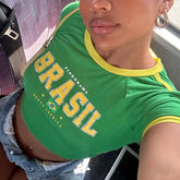 Women's green Brazil flag graphic O-neck short-sleeved crop top.